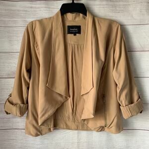 RolyPoly Tan Draped Blazer Jacket Roll Tab Sleeves Zipper Pockets Size S
